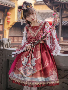 Chinese Lolita OP Dress Red Sleeveless Ruffles Lace Polyester Sweet Lolita One Piece Skirts