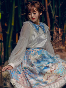 Chinese Style Lolita 5-Piece Set Light Sky Blue Skirt Choker Polyester Shirt Lolita Outfits