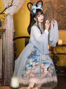 Chinese Style Lolita 5-Piece Set Light Sky Blue Skirt Choker Polyester Shirt Lolita Outfits