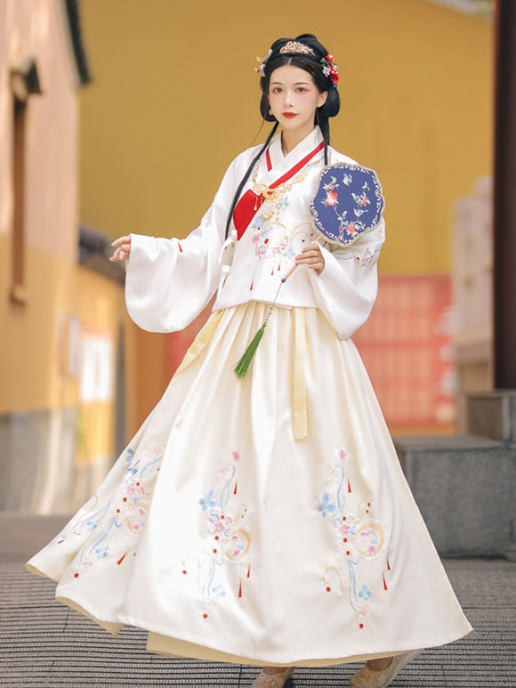 Chinese Style Lolita Dress 2-Piece Set Light Sky Blue Long Sleeve Top White Long Skirt Lolita Dress Outfit