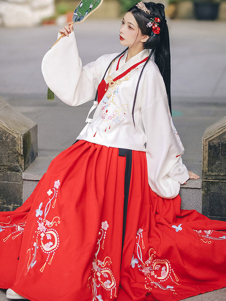Chinese Style Lolita Dress 2-Piece Set Light Sky Blue Long Sleeve Top White Long Skirt Lolita Dress Outfit