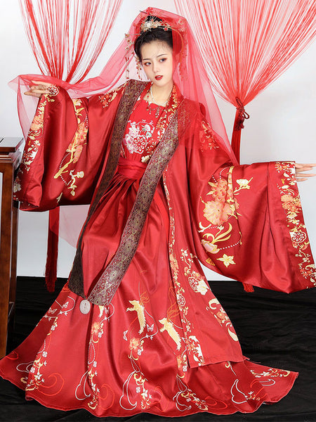 Chinese Style Lolita Dress 3-Piece Set Long Sleeve Floral Printed Polyester Red Lolita Dress Outfit