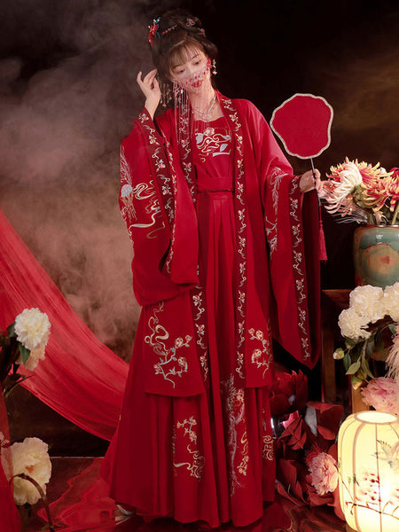 Chinese Style Lolita Dress 3-Piece Set Red Long Sleeve Polyester Long Lolita Dress Outfit