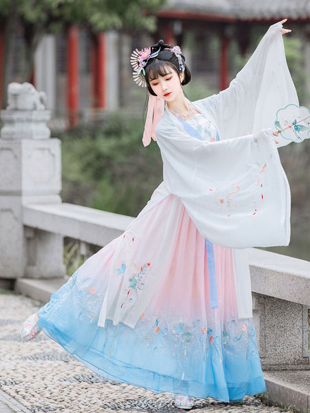 Chinese Style Lolita Dress 3-Piece Set White Long Sleeve Floral Print Long Lolita Dress Outfit