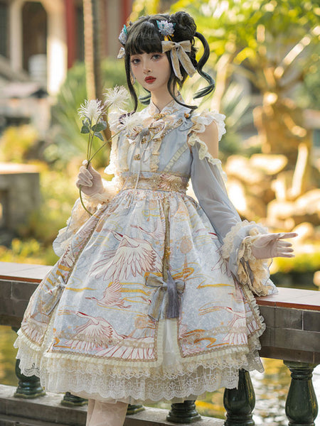 Chinese Style Lolita Dress Bows Long Sleeves Polyester Chinese Style Floral Print Light Gray Chinese Style Lolita
