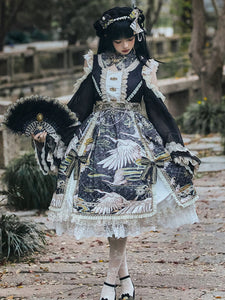 Chinese Style Lolita Dress Bows Long Sleeves Polyester Chinese Style Floral Print Light Gray Chinese Style Lolita