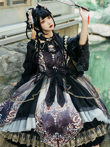 Chinese Style Lolita Dress Bows Sleeveless Polyester Chinese Style Floral Print Black Chinese Style Lolita
