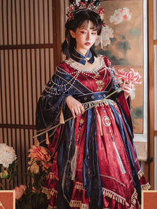 Chinese Style Lolita Dress Pearls Long Sleeves Jacquard Chinese Style Floral Print Red Chinese Style Lolita