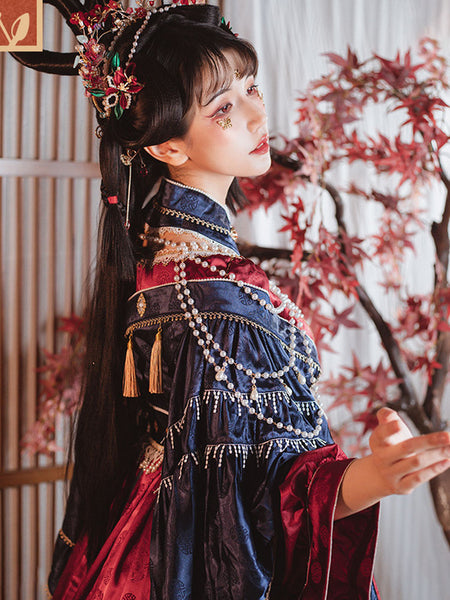 Chinese Style Lolita Dress Pearls Long Sleeves Jacquard Chinese Style Floral Print Red Chinese Style Lolita