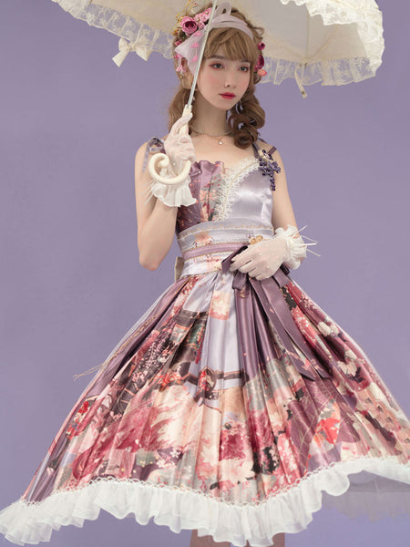 Chinese Style Lolita Dress Pearls Sleeveless Polyester Chinese Style Floral Print Purple Chinese Style Lolita