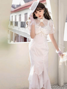 Chinese Style Lolita Dress Side Draping Short Sleeves Polyester Chinese Style Jacquard White Chinese Style Lolita