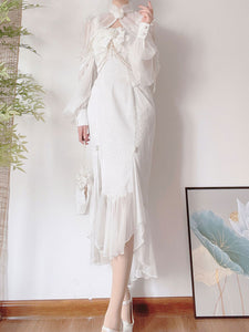 Chinese Style Lolita Dress Side Draping Sleeveless Polyester Chinese Style Jacquard White Chinese Style Lolita