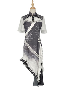 Chinese Style Lolita Gray Short Sleeves Ruffles Polyester Lolita One Piece Dress
