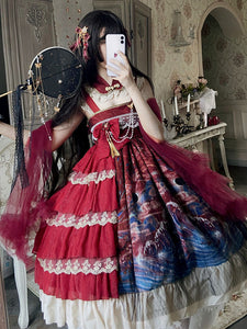 Chinese Style Lolita JSK Dress 2-Piece Set Burgundy Sleeveless Polyester Lolita Jumper Skirt