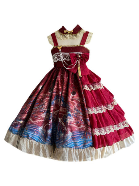 Chinese Style Lolita JSK Dress 2-Piece Set Burgundy Sleeveless Polyester Lolita Jumper Skirt