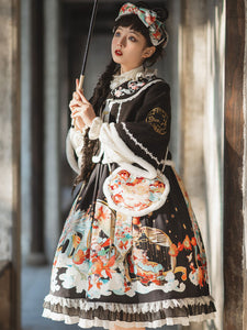 Chinese Style Lolita JSK Dress 2-Piece Set Burgundy Sleeveless Polyester Lolita Jumper Skirts