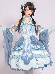 Chinese Style Lolita JSK Dress 4-Piece Set Blue Oversleeves Bowknot Choker Jumper Skirt Outfit