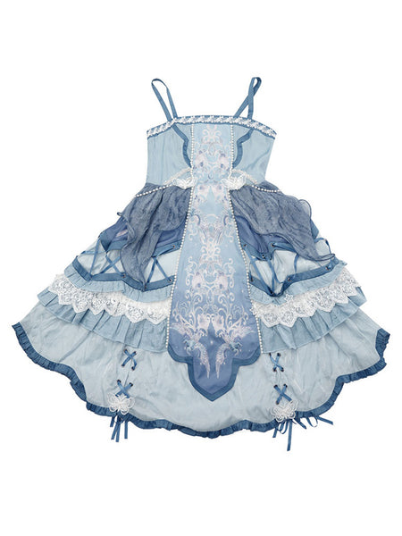 Chinese Style Lolita JSK Dress 4-Piece Set Blue Oversleeves Bowknot Choker Jumper Skirt Outfit