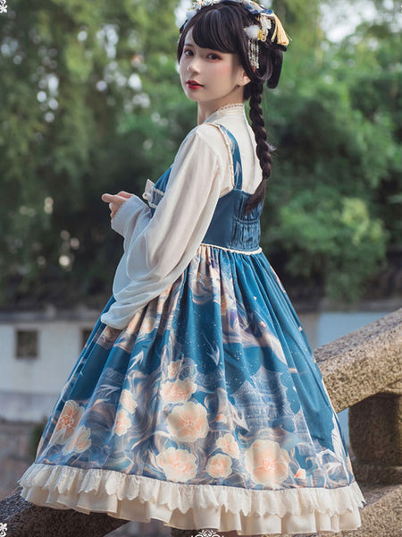 Chinese Style Lolita JSK Dress Blue Ruffles Floral Print Pattern Polyester Lace Lolita Outfit
