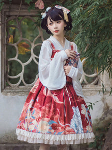 Chinese Style Lolita JSK Dress Blue Ruffles Floral Print Pattern Polyester Lace Lolita Outfit