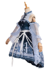 Chinese Style Lolita JSK Dress Deep Blue Sleeveless Ruffles Pleated Lolita Jumper Skirts