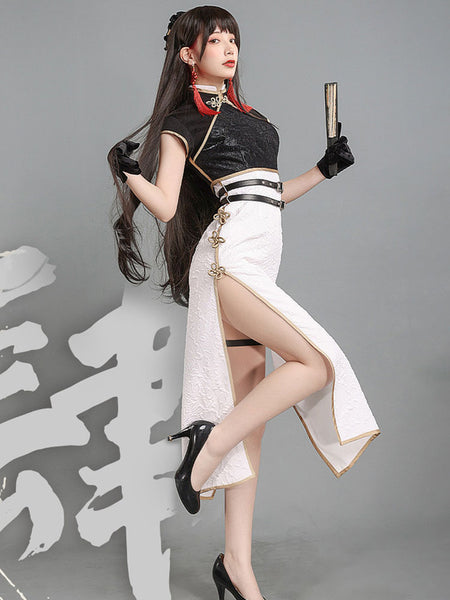 Chinese Style Lolita Long Cheongsam 4-Piece Set Black High Slit Short Sleeves Lolita Dress Outfit