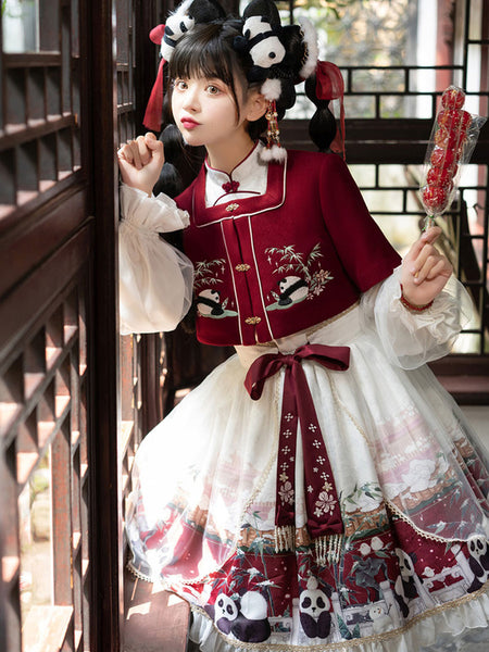 Chinese Style Lolita OP Dress 2-Piece Set Burgundy Bows Panda Pattern Long Sleeve Lolita One Piece Dress Outfit
