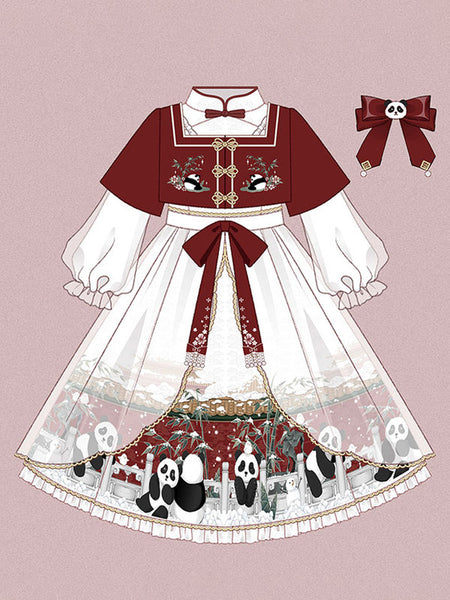 Chinese Style Lolita OP Dress 2-Piece Set Burgundy Bows Panda Pattern Long Sleeve Lolita One Piece Dress Outfit