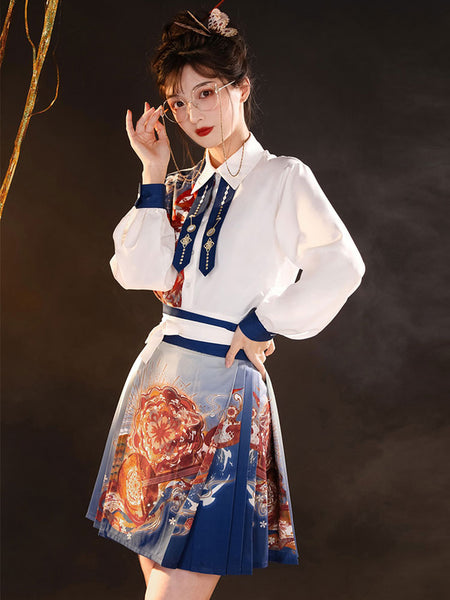 Chinese Style Lolita OP Dress 3-Piece Set Blue Long Sleeves Floral Print Pattern Lolita Dress Outfit