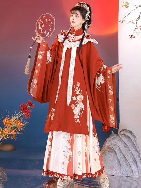 Chinese Style Lolita OP Dress 3-Piece Set Red Long Sleeves Floral Print Lolita Dress Outfit
