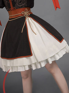 Chinese Style Lolita OP Dress 4-Piece Set Black Short Sleeves Polyester Lolita Short Jumper Dress Outfit