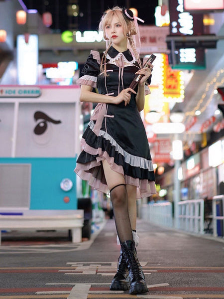 Chinese Style Lolita OP Dress Black Short Sleeves Polyester Lace Ruffles Lolita One Piece Dress