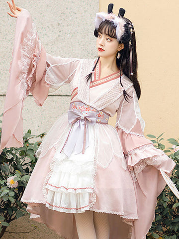 Chinese Style Lolita OP Dress Bowknots Lace Blush Pink Long Sleeves Sweet Lolita One Piece Dresses