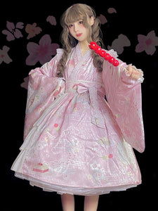 Chinese Style Lolita OP Dress Pink Floral Print Pattern Long Sleeve Bows Ruffles Lolita One Piece Dress