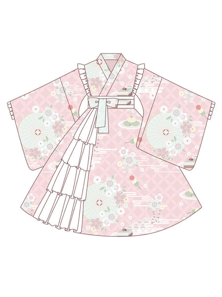 Chinese Style Lolita OP Dress Pink Floral Print Pattern Long Sleeve Bows Ruffles Lolita One Piece Dress