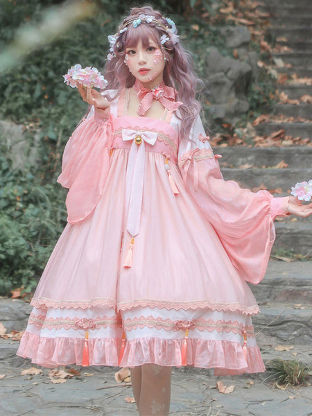Chinese Style Lolita OP Dress Pink Fringe Bows Long Sleeve Polyester Casual Lolita One Piece Dress