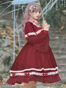 Chinese Style Lolita OP Dress Pink Fringe Bows Long Sleeve Polyester Casual Lolita One Piece Dress
