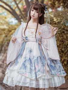 Chinese Style Lolita OP Dress White Polyester Long Sleeves Tassels Traditional Chinese Lolita One Piece Dresses