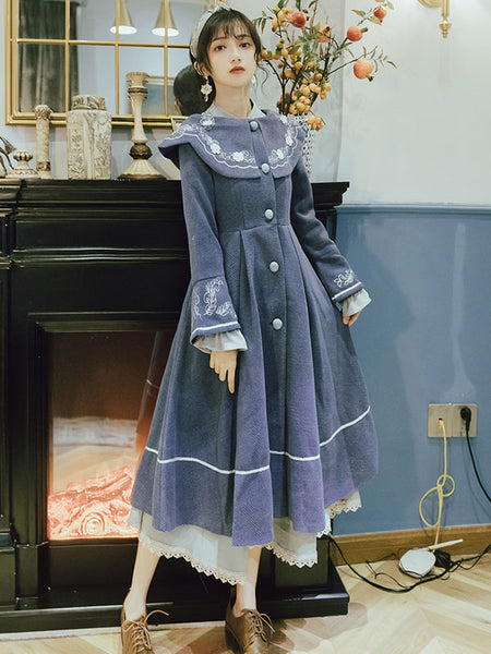 Classic Lolita Coats Blue Embroidered Polyester Long Sleeve Turn Collar Overcoat Winter Lolita Outwears