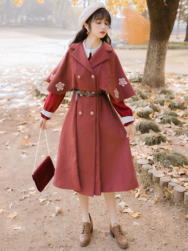 Classic Lolita Coats Brick Red Embroidered Long Sleeve Overcoat Polyester Vintage Winter Lolita Outwears