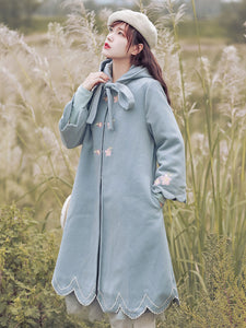 Classic Lolita Coats Light Sky Blue Embroidered Polyester Long Sleeve Overcoat With Head Helmet Winter Lolita Outwears