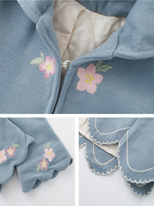 Classic Lolita Coats Light Sky Blue Embroidered Polyester Long Sleeve Overcoat With Head Helmet Winter Lolita Outwears