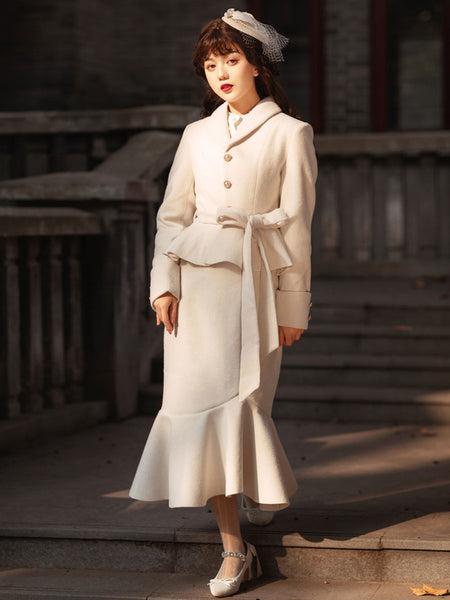 Classic Lolita Dress 3-Piece Set White Metal Details Long Sleeves Long Skirt Accessory Overcoat Outfit