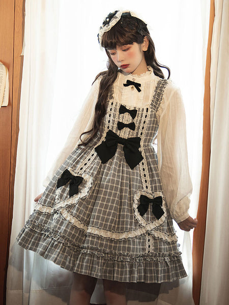 Classic Lolita JSK Dress Black Plaid Bows Polyester Lolita Jumper Skirts