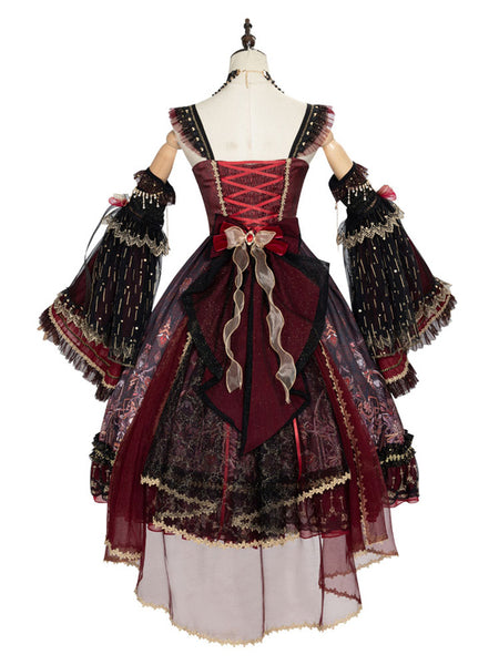 Classic Lolita JSK Dress Burgundy Sleeveless Bows Beaded Lolita Jumper Skirts