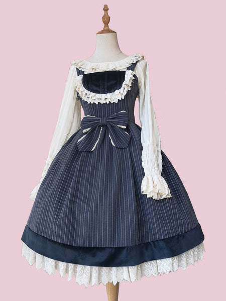 Classic Lolita JSK Dress Fairytale Infanta Stripes Pleated Dark Blue Lolita Jumper Skirts