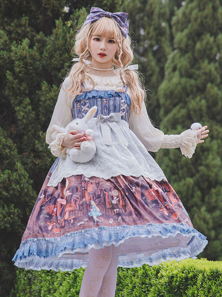 Classic Lolita JSK Dress Infanta Fairy Tale Theme Deep Blue Sleeveless Lace Tea Party Lolita Jumper Skirts