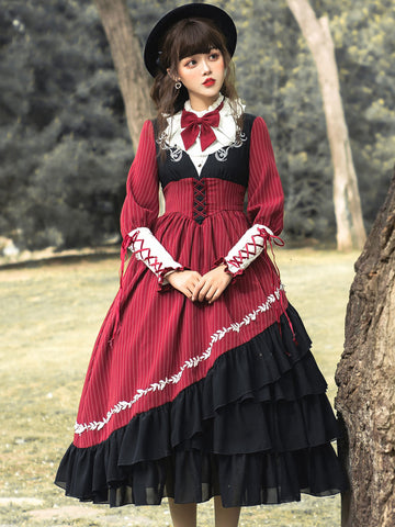 Classic Lolita OP Dress 2-Piece Set Burgundy Long Sleeve Criss-Cross Bows Tiered Lace Up Tea Party Lolita Outfit