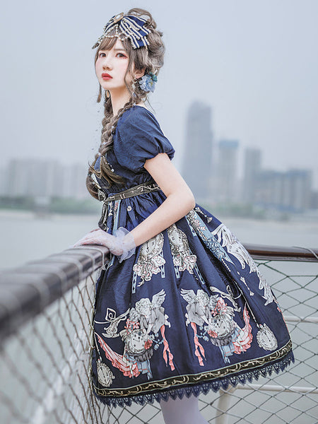 Classic Lolita OP Dress Infanta Fairytale Theme Floral Print Pattern Deep Blue Lace Lolita One Piece Dresses