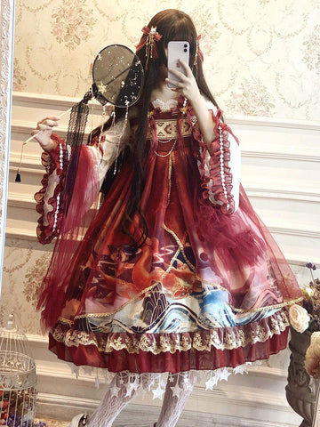 Classic Lolita OP Dress Red Long Sleeve Bows Polyester Lolita Jumper Skirt Cloak Set